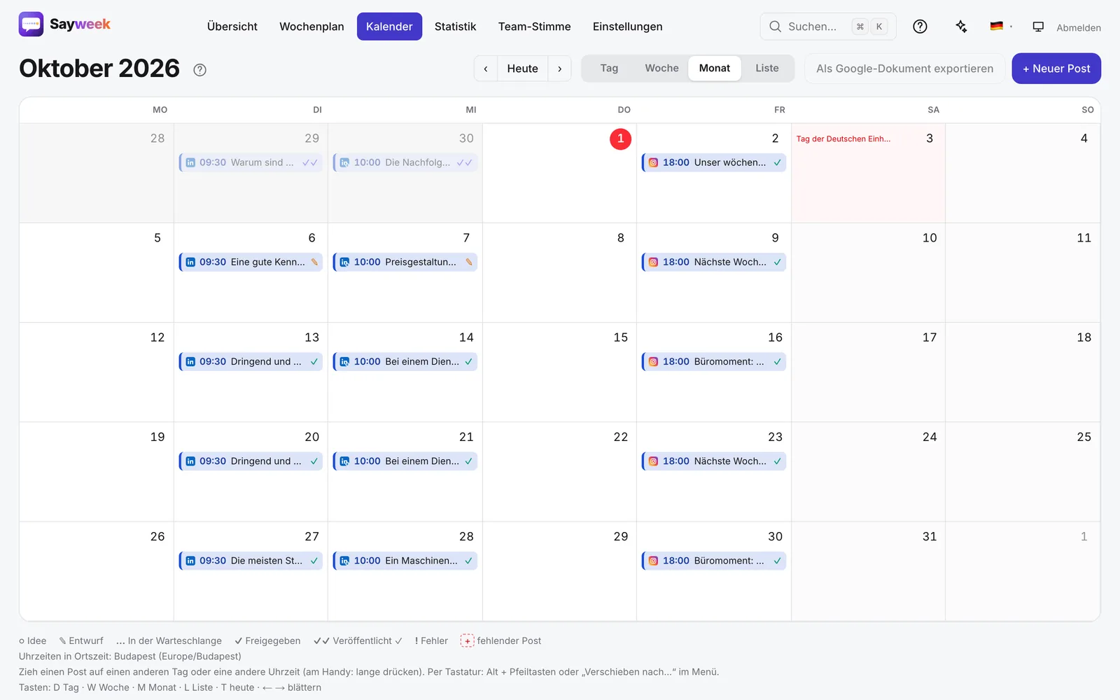 Der Sayweek-Monatskalender mit geplanten Posts