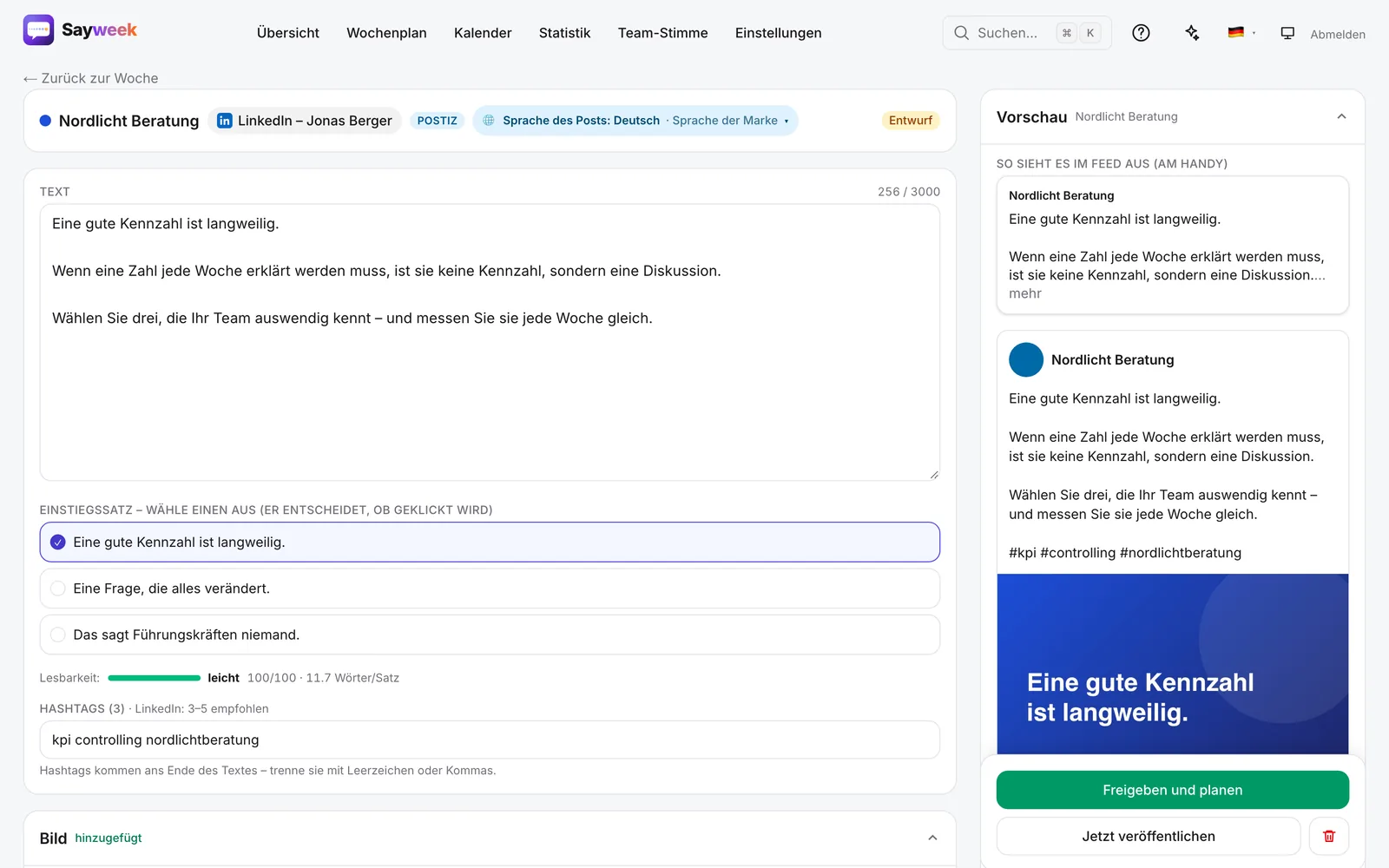Der Sayweek-Post-Editor mit Text, Vorschlägen für den Einstieg und Feed-Vorschau