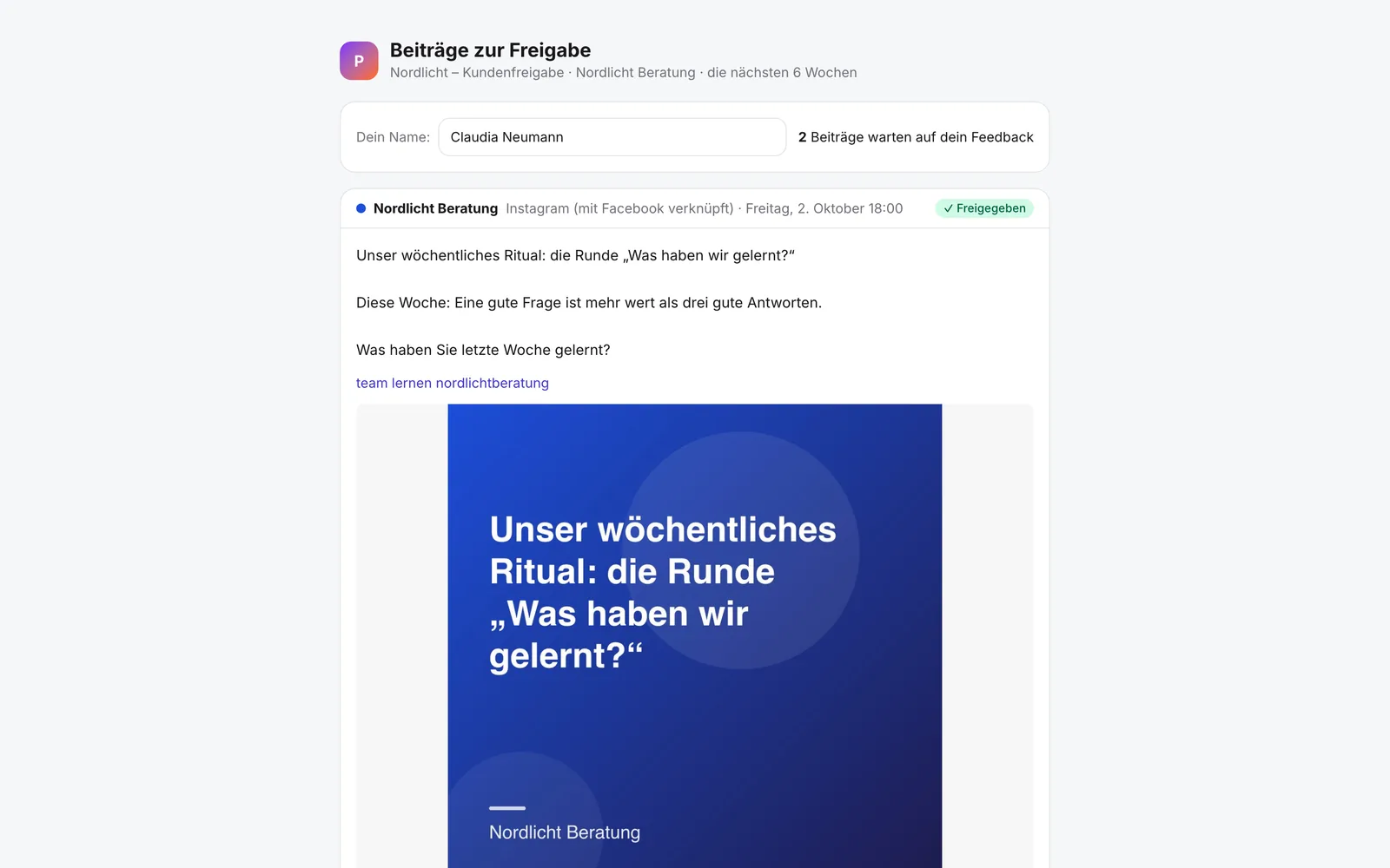 Die Sayweek-Freigabeseite für Kunden mit Kommentar und Freigabe-Button