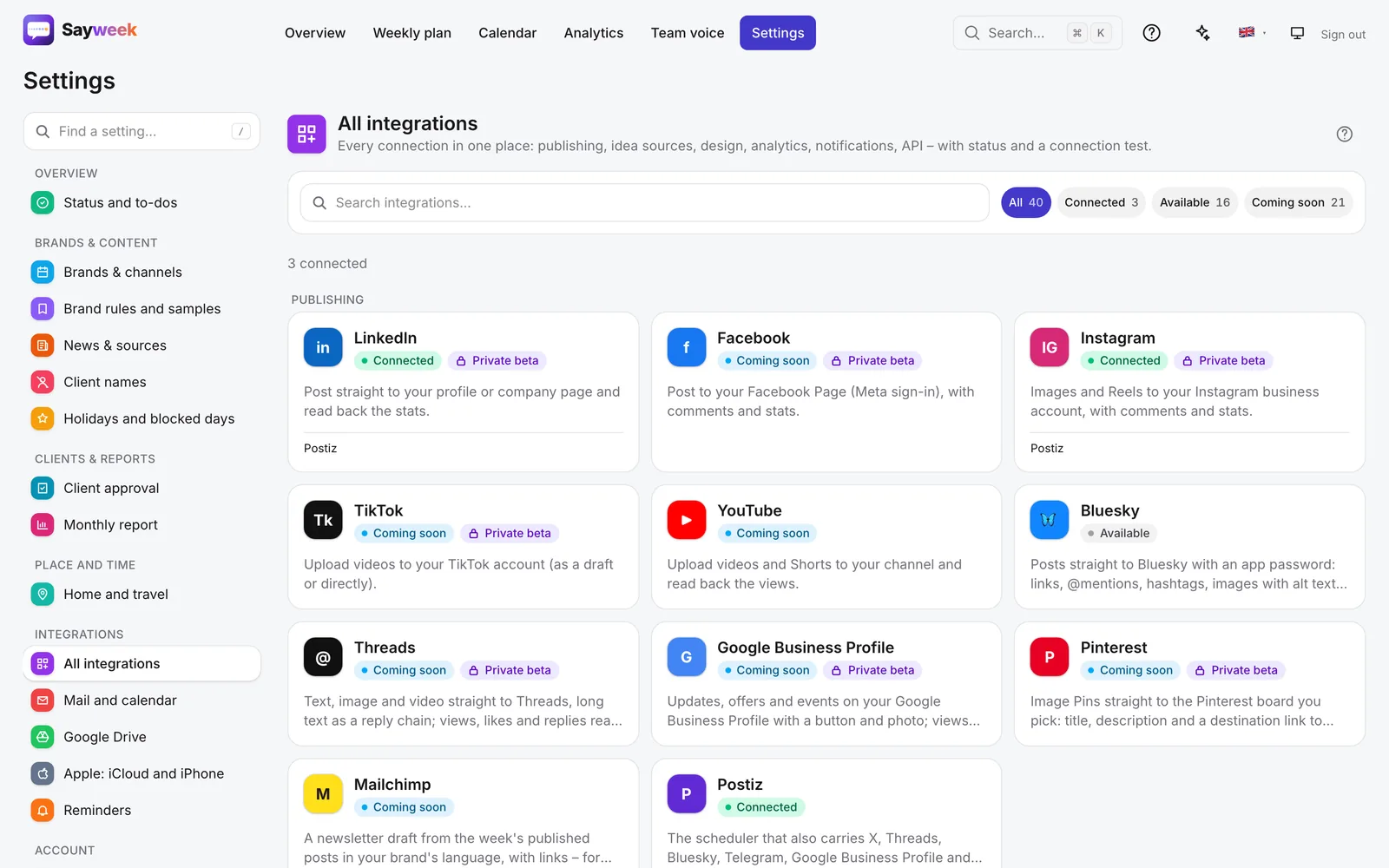 Sayweek's integrations directory with groups and status