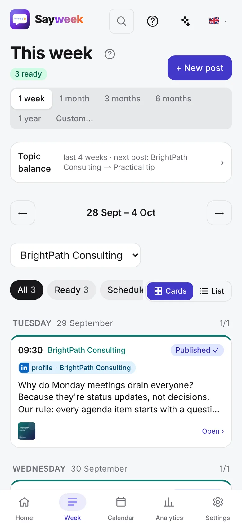 Sayweek's weekly plan on a phone