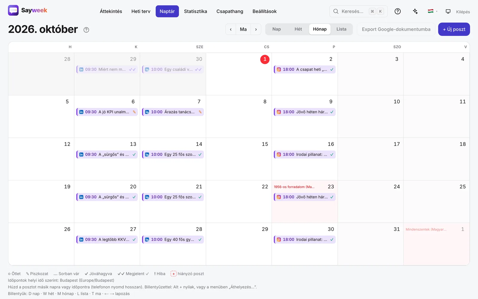 A Sayweek havi naptára a betervezett posztokkal
